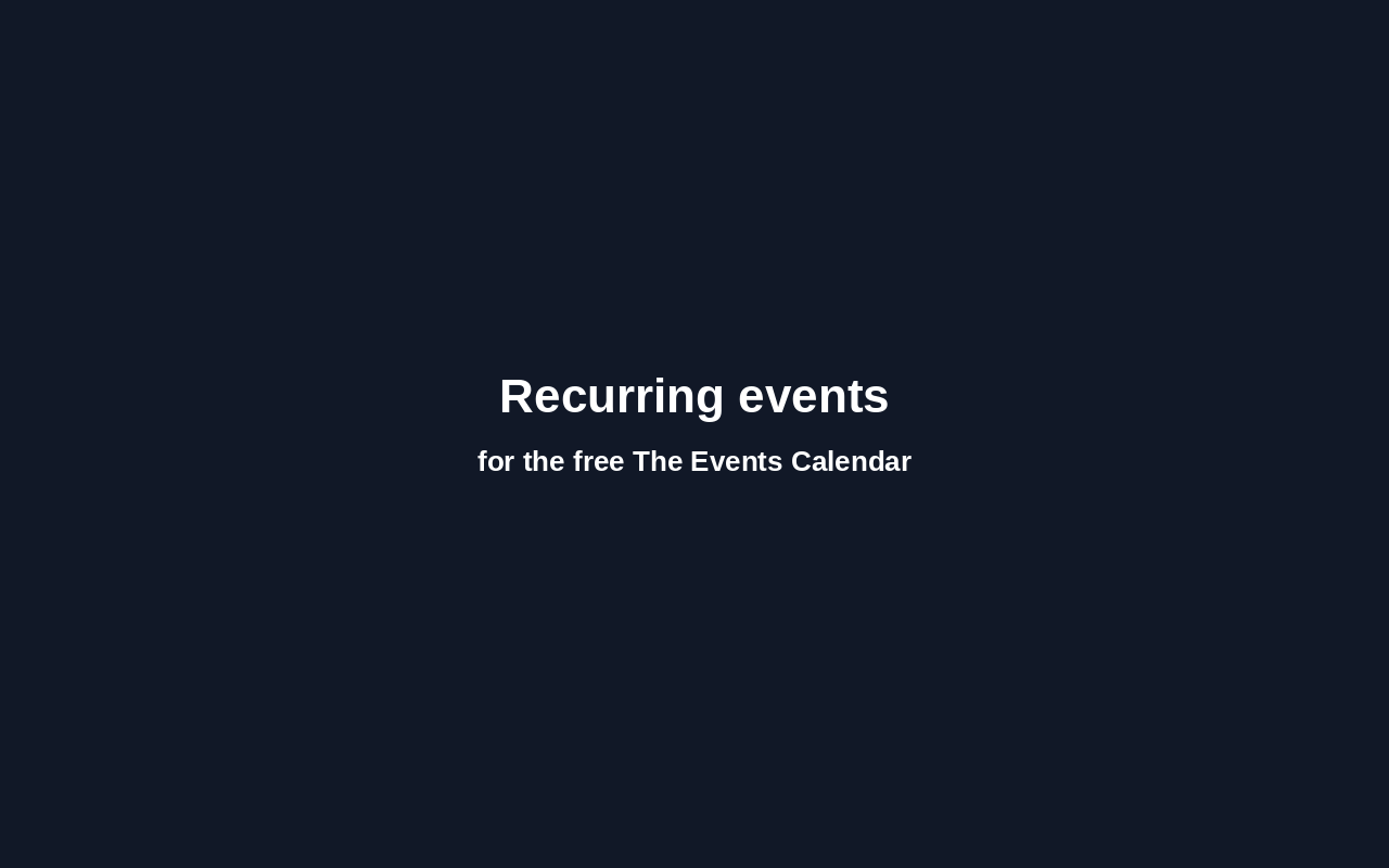 Demo: tick Repeat this event, pick Tuesday and Thursday, add 24 December as an exception, publish. The admin list shows the series as one row and the month view shows every date.